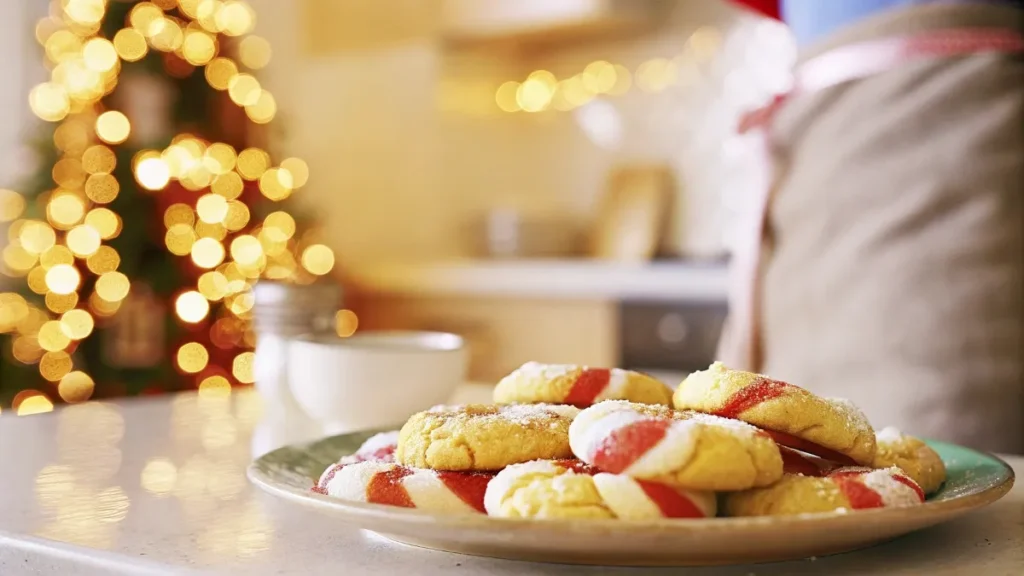 "Freshly baked candy cane cookies with red and white twists, dusted with powdered sugar, set in a cozy holiday kitchen.