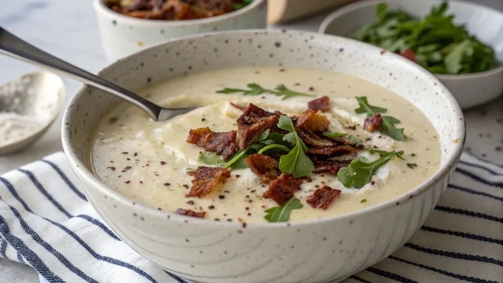 Creamy potato soup garnished with parsley in a rustic bowl.