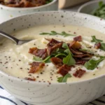 Creamy potato soup garnished with parsley in a rustic bowl.