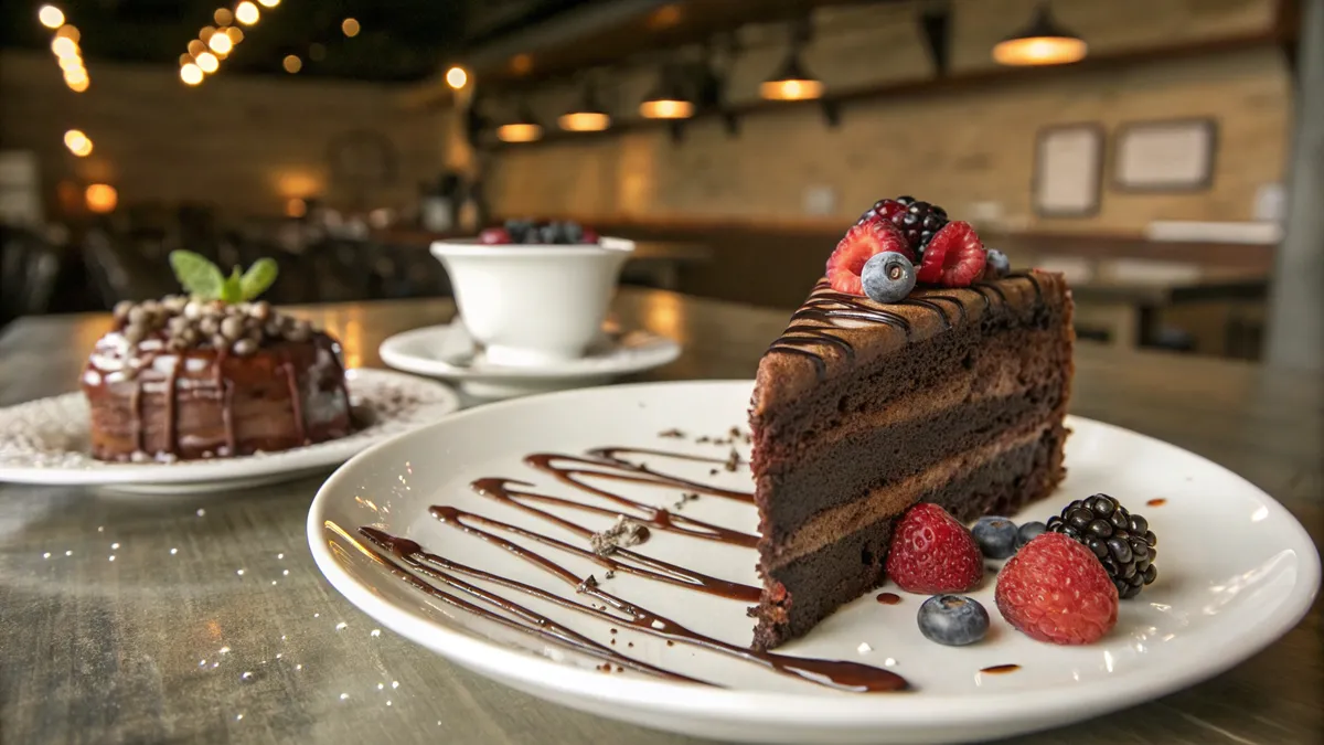 Slice of chocolate cake with chocolate sauce and berries for National Chocolate Cake Day.