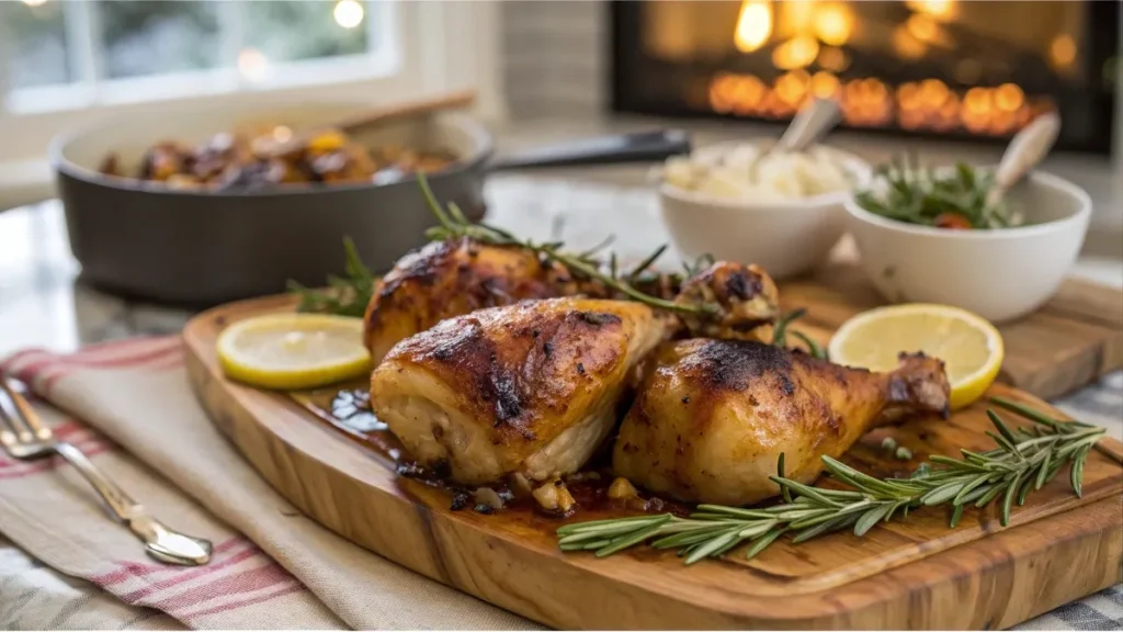 Oven-baked chicken legs on a rustic wooden platter, garnished with herbs and lemon, set in a cozy kitchen ambiance