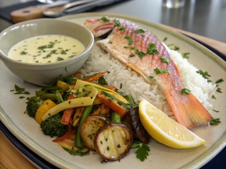 Cooked snapper served with jasmine rice, roasted vegetables, and garlic butter sauce, garnished with fresh parsley and lemon. from https://www.recraft.ai/history?imageId=35587ee4-18cd-4625-ac2c-b7b402ff4ea1