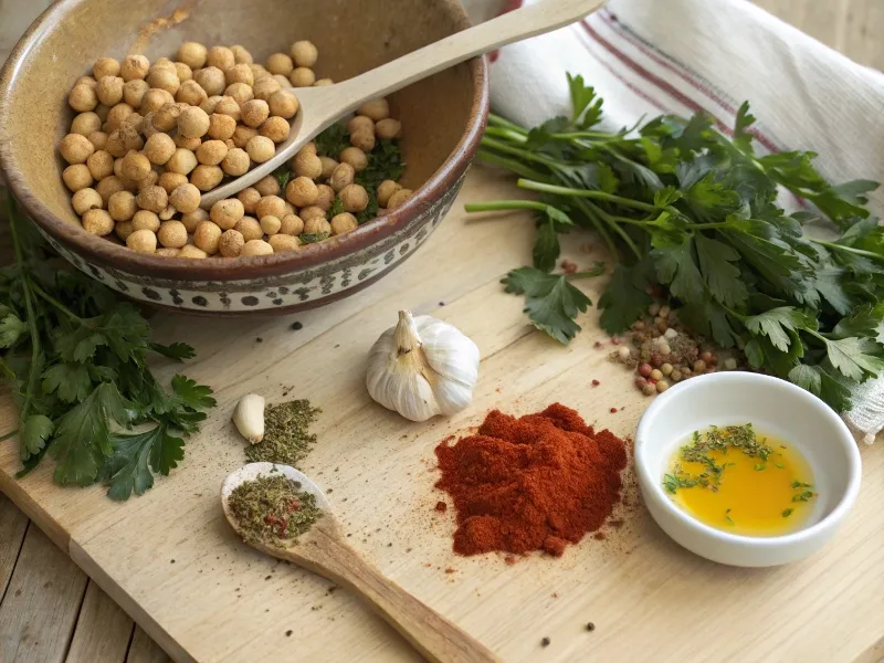 Key ingredients for chickpea soup: chickpeas, parsley, garlic, cumin, and paprika on a wooden countertop.
From: https://www.recraft.ai/history?imageId=ad90b125-ac1d-4218-b0fc-c9fcee7f7a43