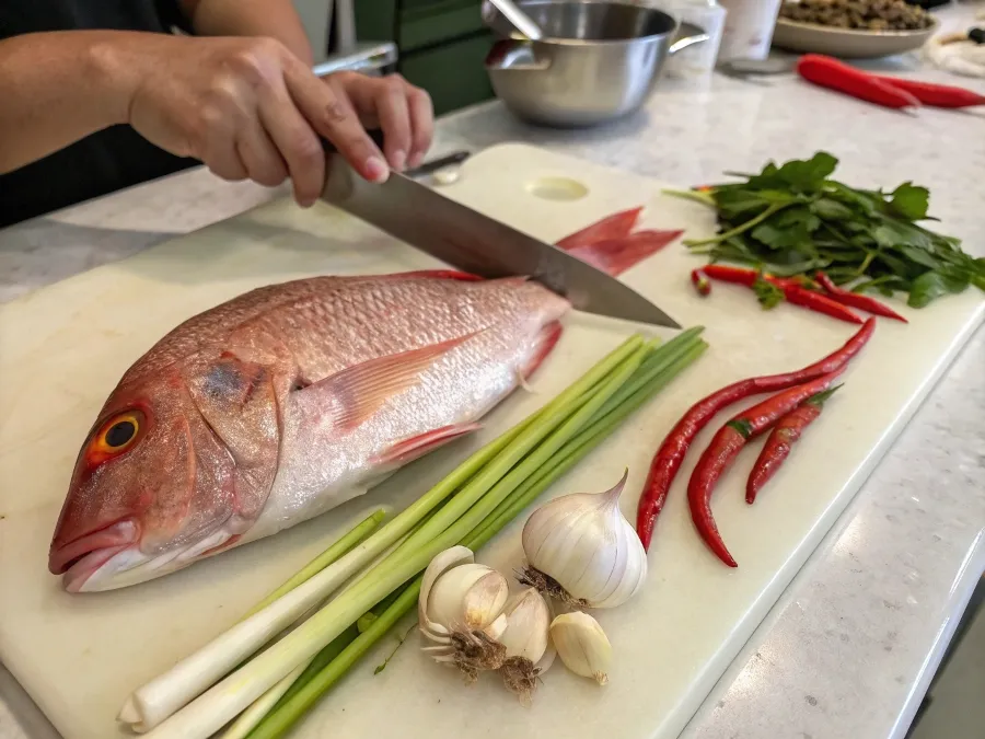 Fresh red snapper on a countertop with lemongrass, garlic, chili, and a knife, ready for cooking."
from: https://www.recraft.ai/history?imageId=2fa5c2db-0b31-445f-aee8-a0455f4758fe