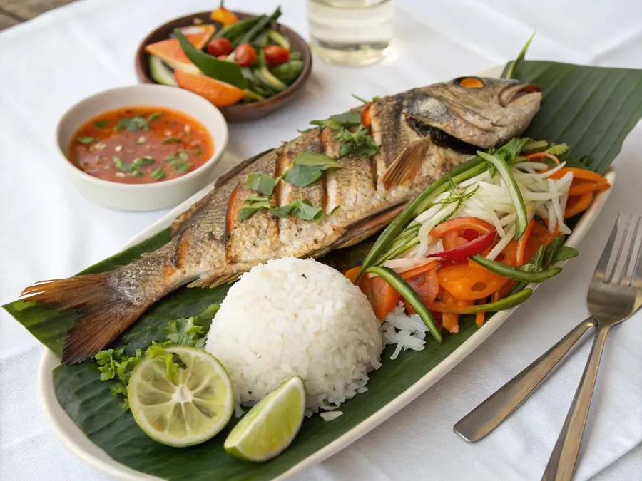 Hmong snapper with jasmine rice, grilled vegetables, and papaya salad, served with lime-chili sauce.
from: https://www.recraft.ai/history?imageId=92e12e5d-887b-4065-b5a1-6709a5d38712