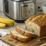 Golden loaf of banana bread baked in a bread machine, displayed on a wooden cutting board with ripe bananas.