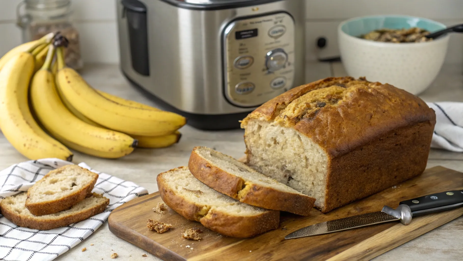 Golden loaf of banana bread baked in a bread machine, displayed on a wooden cutting board with ripe bananas.