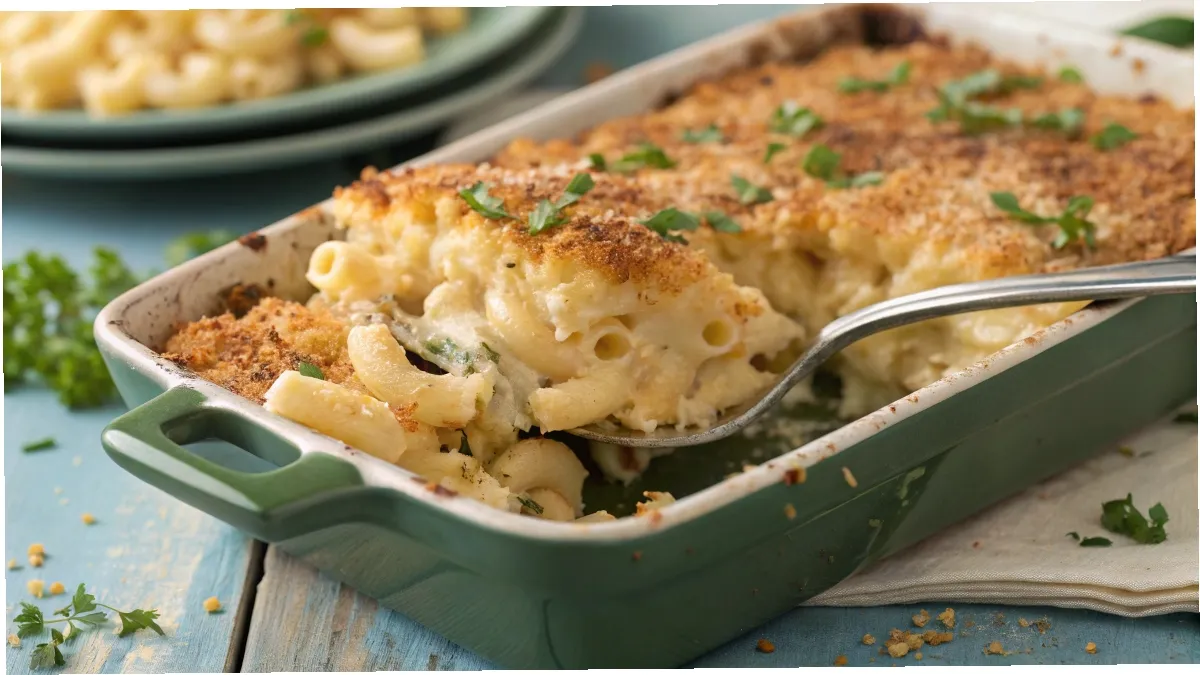 A baked 3 Cheese Mac and Cheese Recipe in a green casserole dish with a golden, crispy breadcrumb topping and gooey cheese inside.