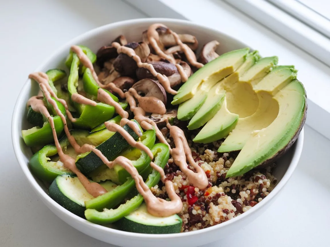 Blackened veggie bowl with green peppers, mushrooms, zucchini, and quinoa, garnished with avocado and tahini.