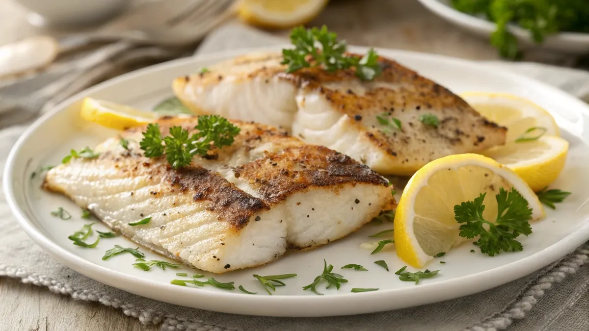 Baked snapper fillet garnished with lemon slices and parsley on a white plate.