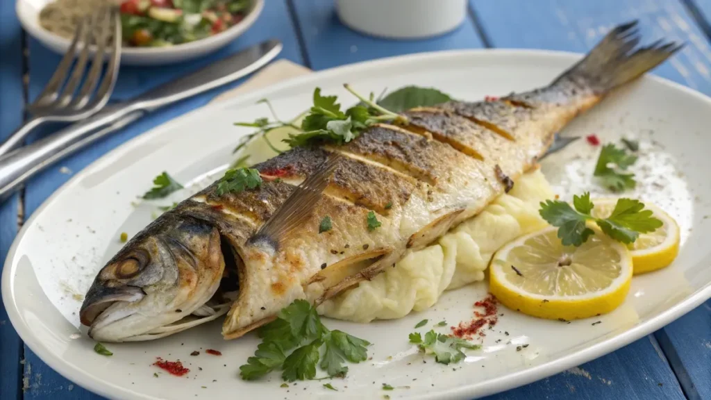 Hmong-style whole red snapper garnished with fresh herbs and chili on a wooden table.