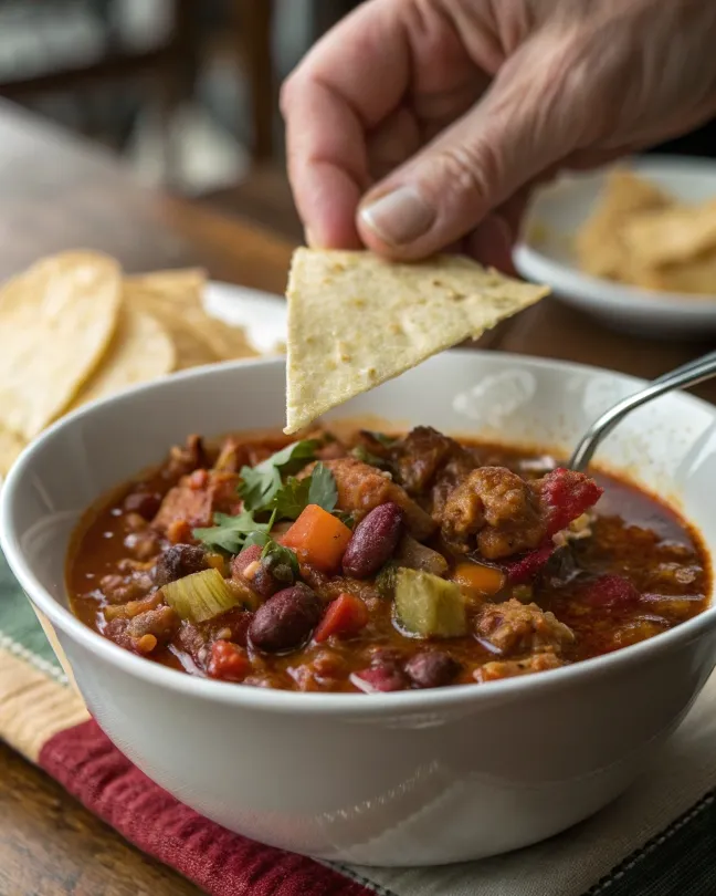 Bowl of taco soup with colorful vegetables and beans, garnished with cilantro, served with tortilla chips on the side.