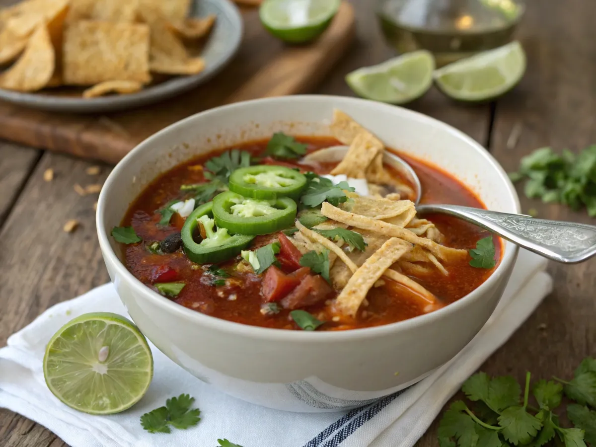 Bowl of taco soup garnished with jalapeño slices, tortilla strips, and fresh cilantro, served with lime wedges on a rustic table.