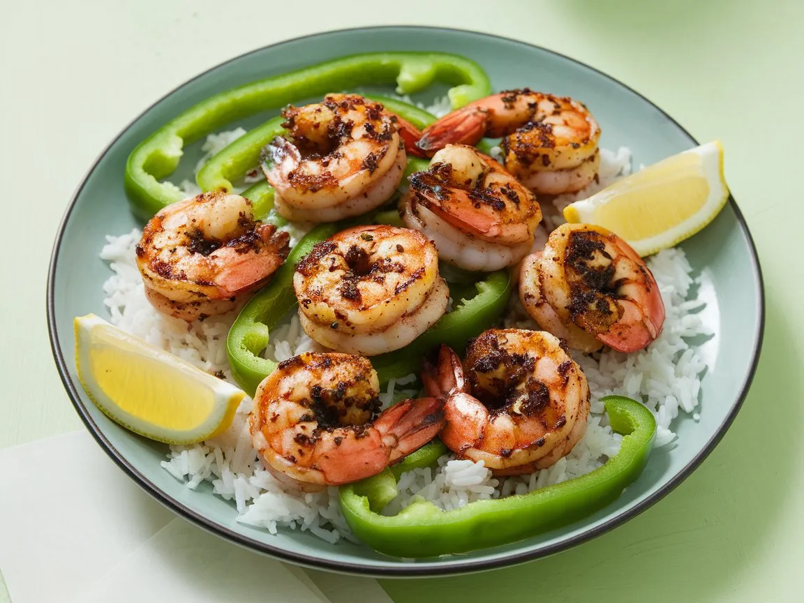 Blackened shrimp with green peppers served with rice and lemon wedges.