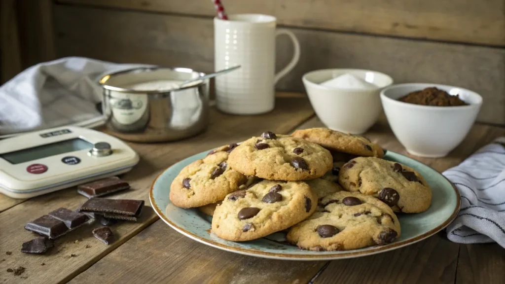 Freshly baked chocolate chip cookies with measuring tools on a wooden table.