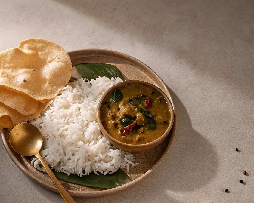 A traditional South Indian meal featuring Fresh Green Sundakai Sambar with rice, dosa, and coconut chutney.