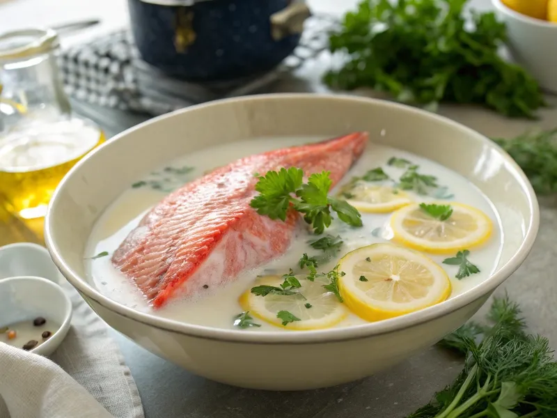 Red snapper fillet soaking in milk with lemon and parsley.
from: https://www.recraft.ai/history?imageId=fa5e31a3-a1ce-4617-9005-2f24e760a26a