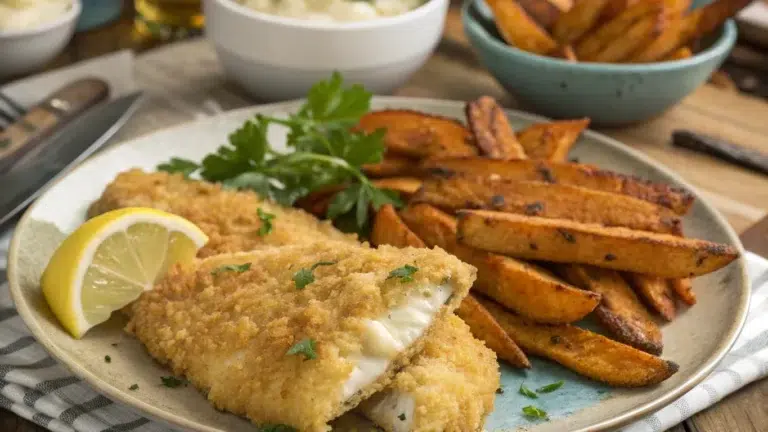 Golden crispy fish fillets and sweet potato fries on a rustic plate, prepared with a lectin-free batter.