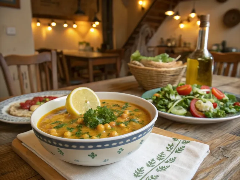 A bowl of chickpea soup with parsley and lemon, served with a fresh salad on a rustic table.
From: https://www.recraft.ai/history?imageId=0fc5852c-fca5-447c-91a3-c6c09db5a2e6