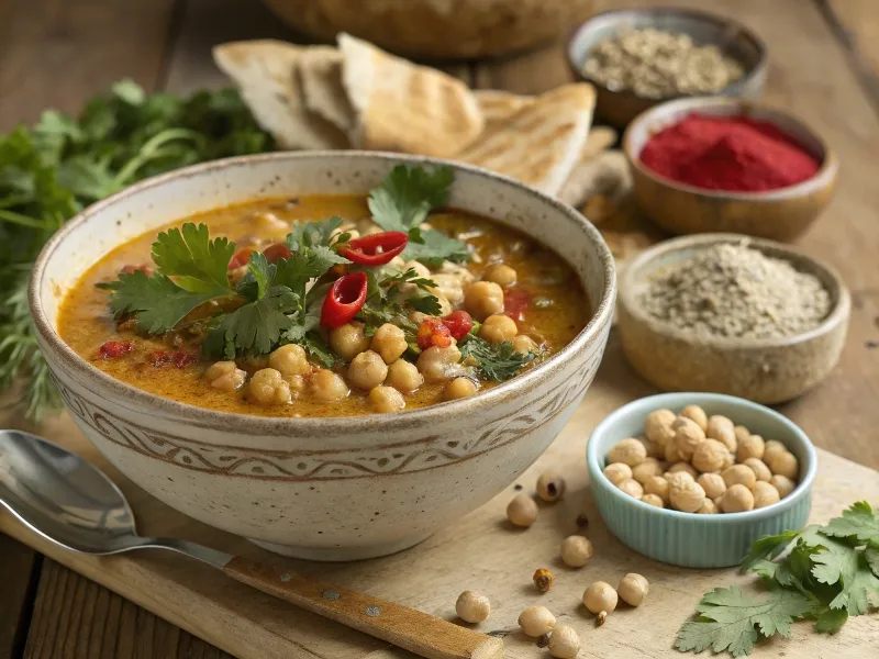 Rustic bowl of chickpea soup with spices and herbs on the side. From: https://www.recraft.ai/history?imageId=735fe1bf-9aff-4cbf-8b57-3312dad4f339