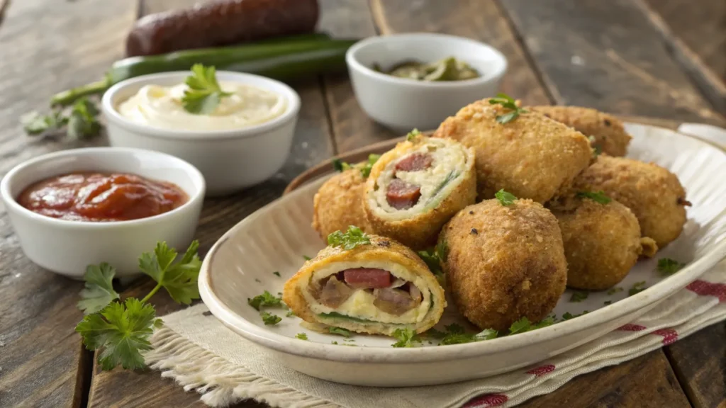 Golden, crispy Armadillo eggs stuffed with cheese and sausage, garnished with parsley and served with dipping sauces