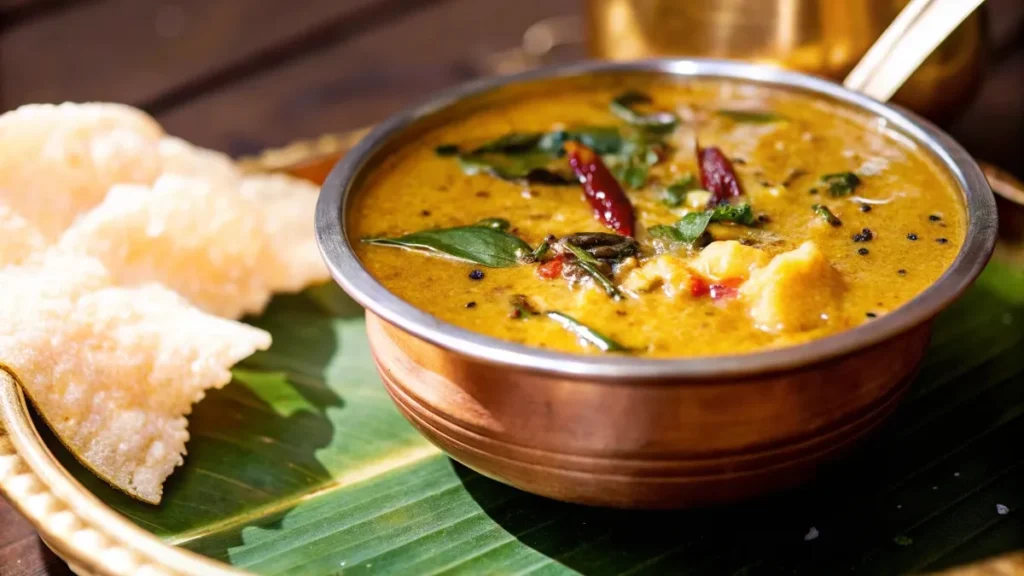 Fresh Green Sundakai Sambar served in a traditional brass bowl with curry leaves, red chilies, and mustard seeds.