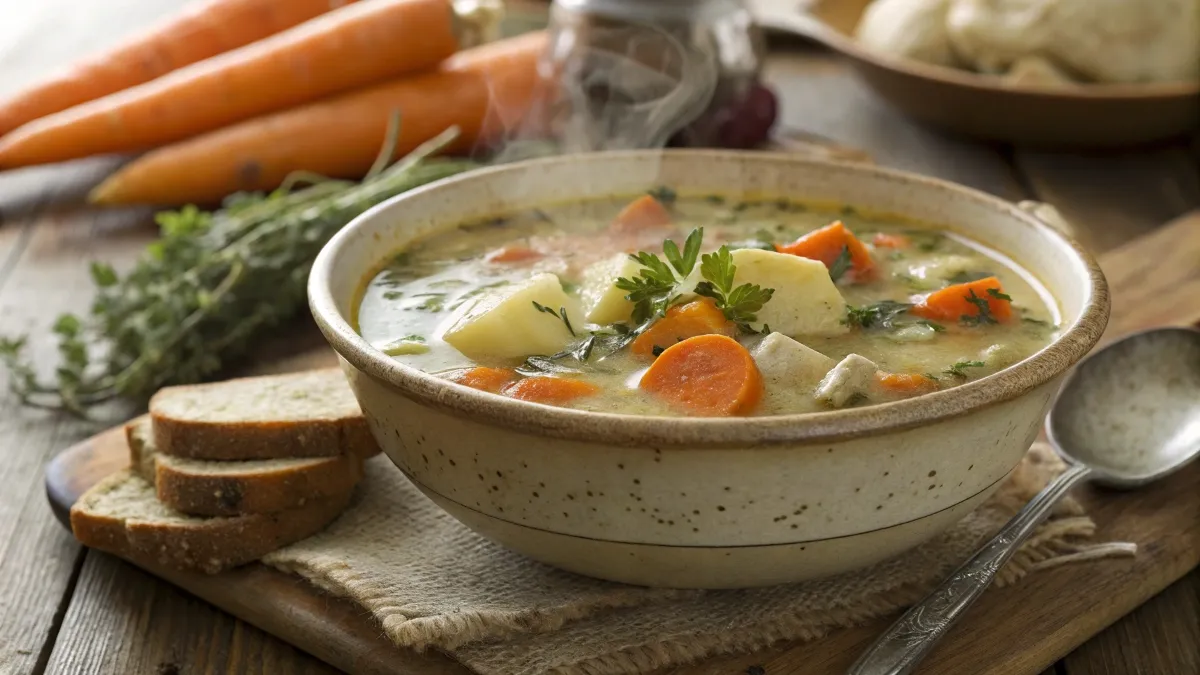 Steaming bowl of thick vegetable soup with carrots, potatoes, and herbs.