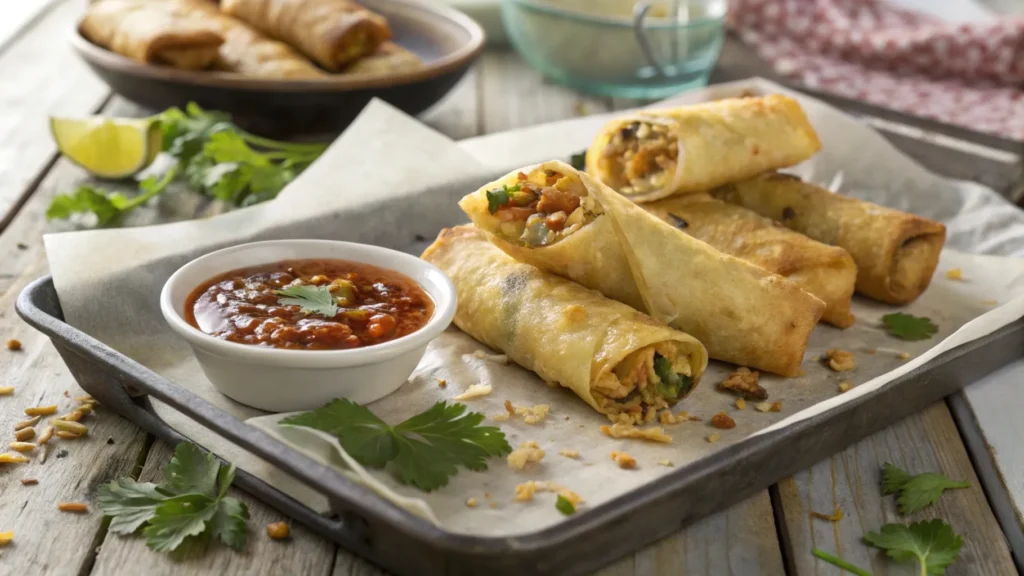 Tray of freshly baked golden egg rolls with crispy texture and dipping sauce on a wooden table.