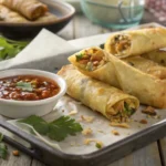 Tray of freshly baked golden egg rolls with crispy texture and dipping sauce on a wooden table.