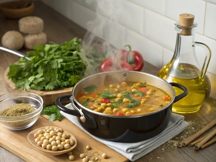 Steaming pot of chickpea soup with fresh herbs, spices, olive oil, and vegetables arranged on a kitchen countertop.