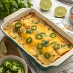 Golden, cheesy Boulders Enchiladas topped with cilantro and jalapeños, ready to serve.