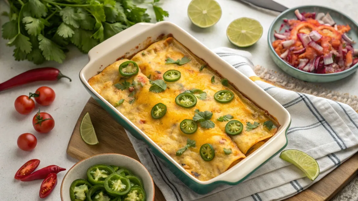 Golden, cheesy Boulders Enchiladas topped with cilantro and jalapeños, ready to serve.