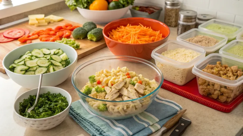 Organized kitchen counter with prepped ingredients and meal prep containers for bulk recipes.