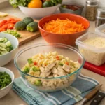 Organized kitchen counter with prepped ingredients and meal prep containers for bulk recipes.