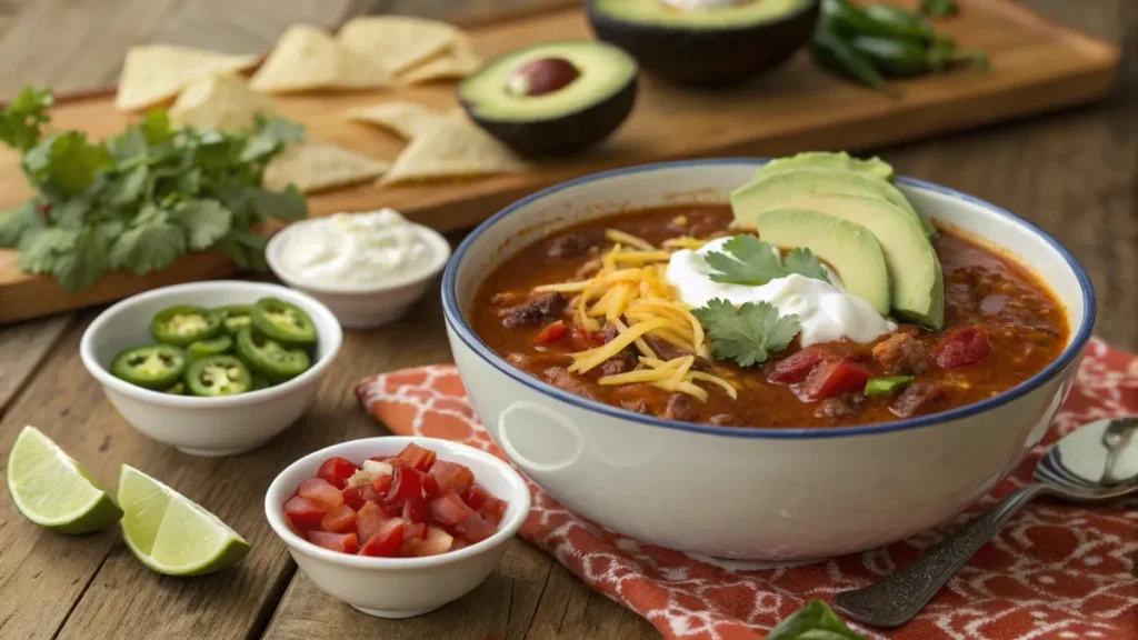 Overhead view of a delicious taco soup bowl with toppings like cheese, avocado, and sour cream.