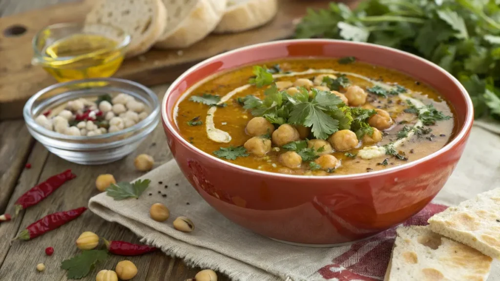 Bowl of chickpea soup garnished with cilantro and cream, surrounded by fresh ingredients like bread, olive oil, and chili peppers.