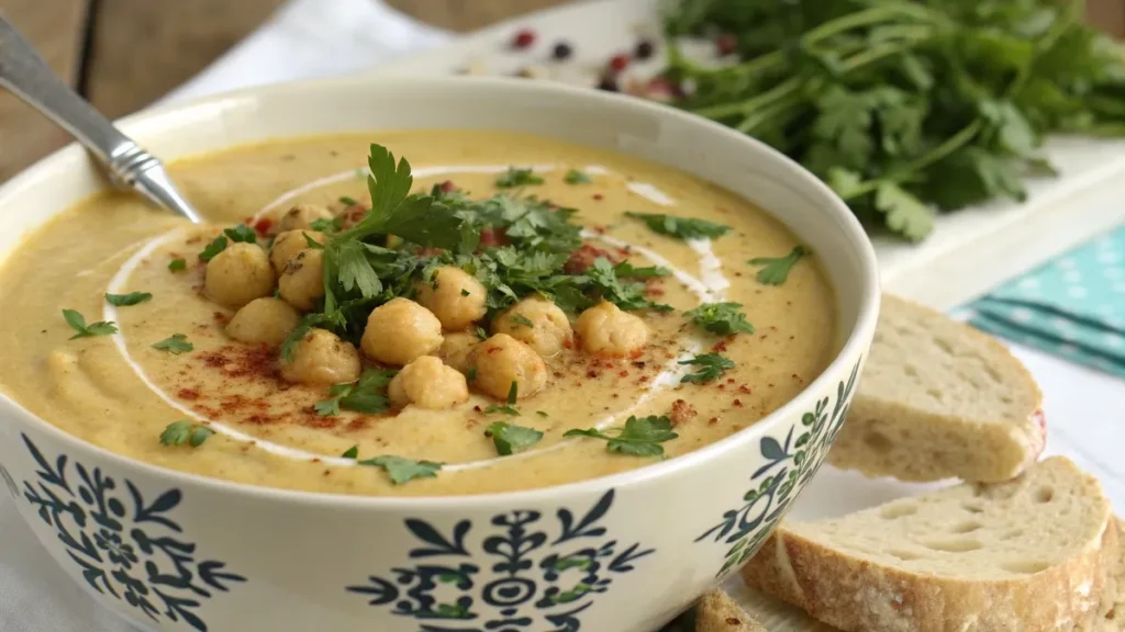 Creamy chickpea soup garnished with fresh herbs and served with bread.