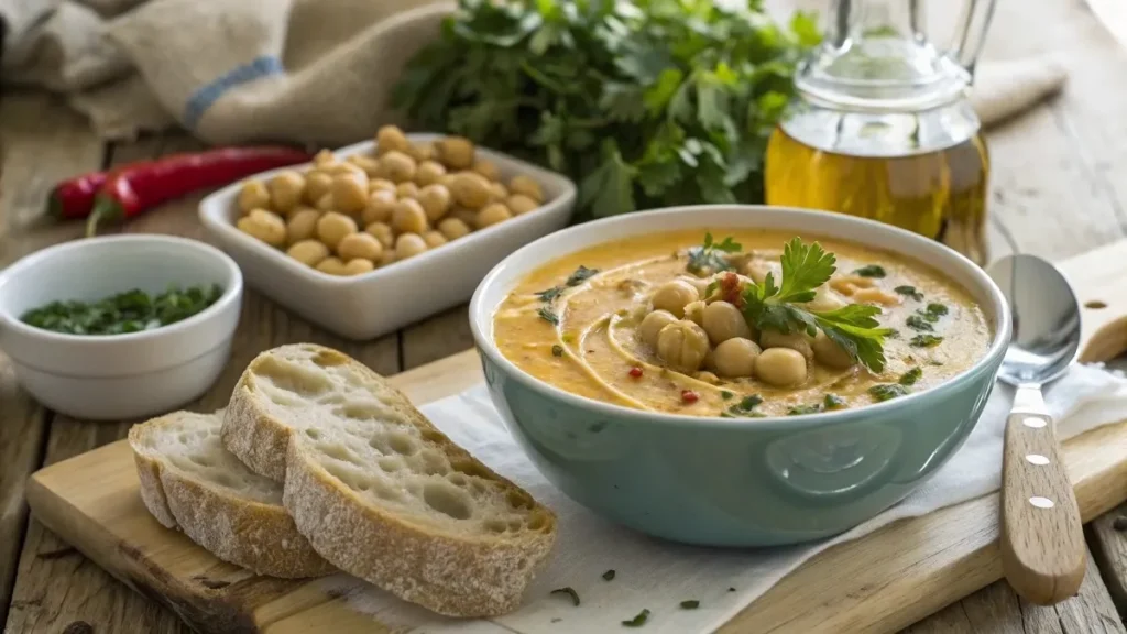 A warm bowl of chickpea soup garnished with parsley and olive oil, served with crusty bread.