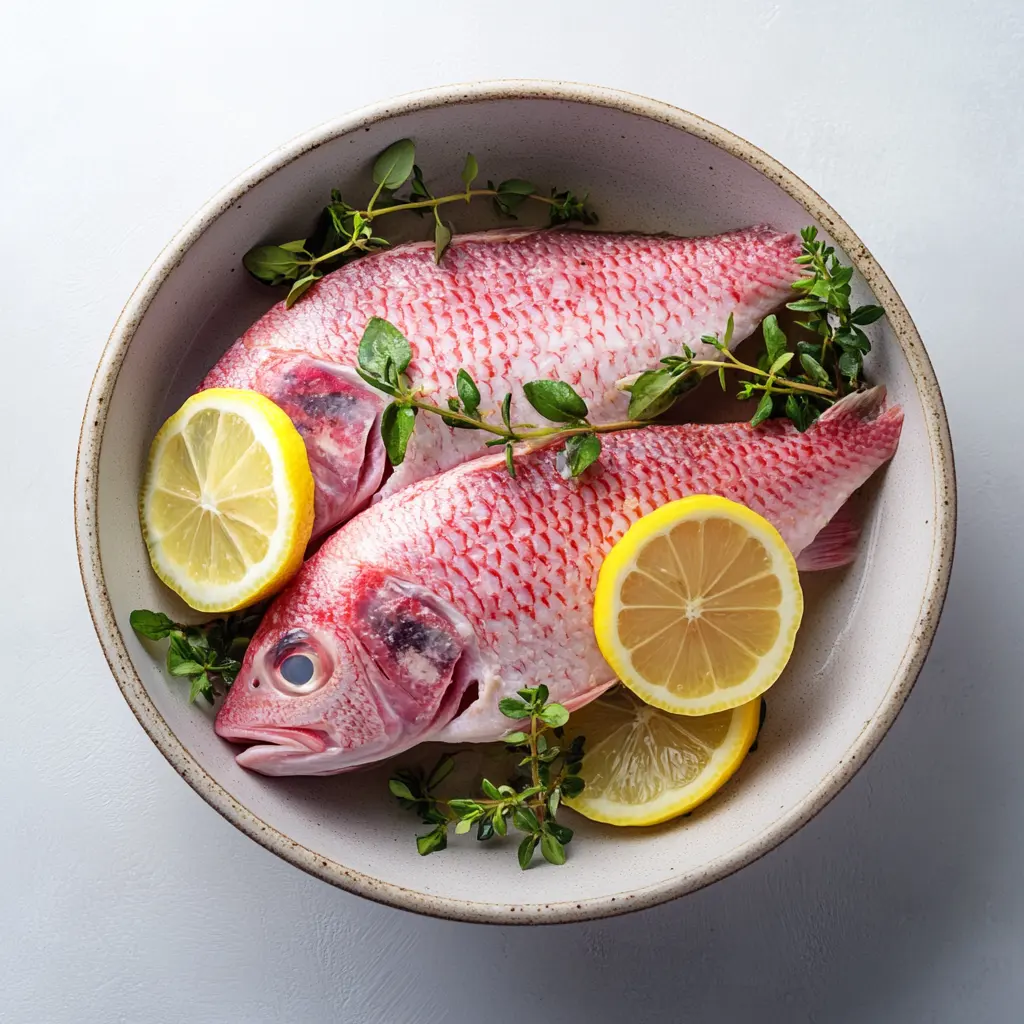 a_fresh_red_snapper_fillet_soaking_in_a_bowl Do you soak red snapper before cooking? This image shows red snapper fillets soaking in lemon and herb water for enhanced flavor and texture.