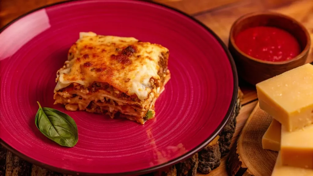 A delicious lasagna made with béchamel sauce and mozzarella, served on a rustic table with Italian ingredients.