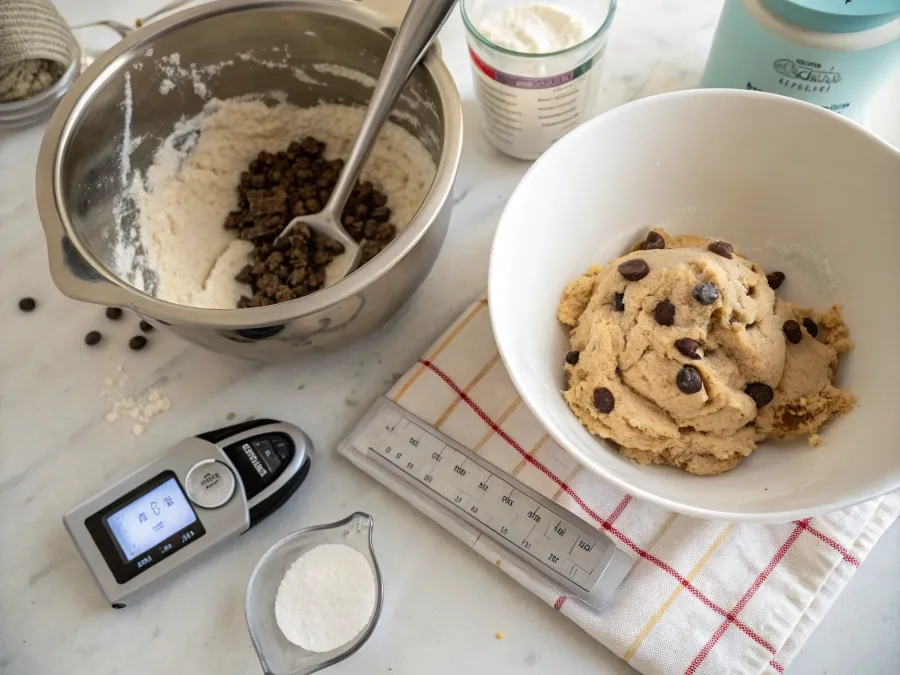 Baking setup with cookie dough, digital scale, and metric measuring cups.