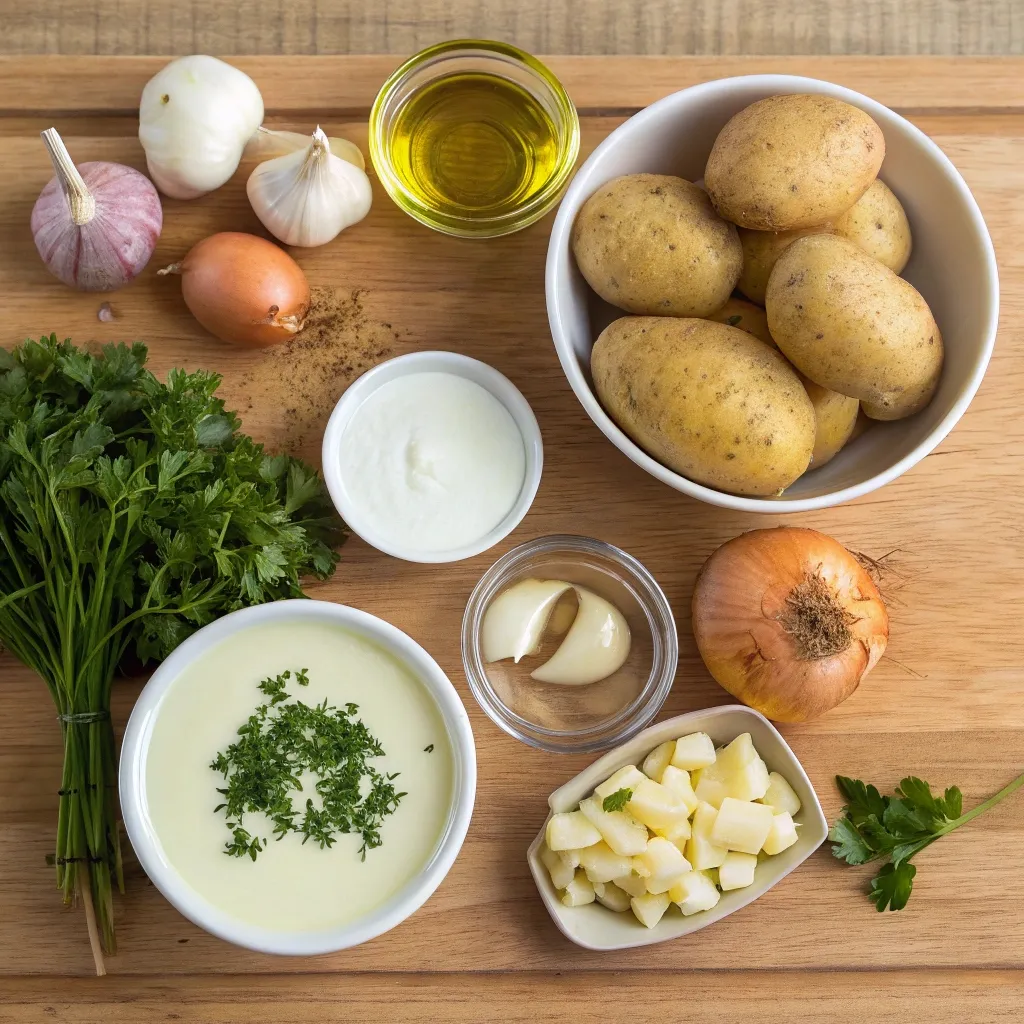 Ingredients for a potato soup recipe, including potatoes, onions, garlic, parsley, and cream.