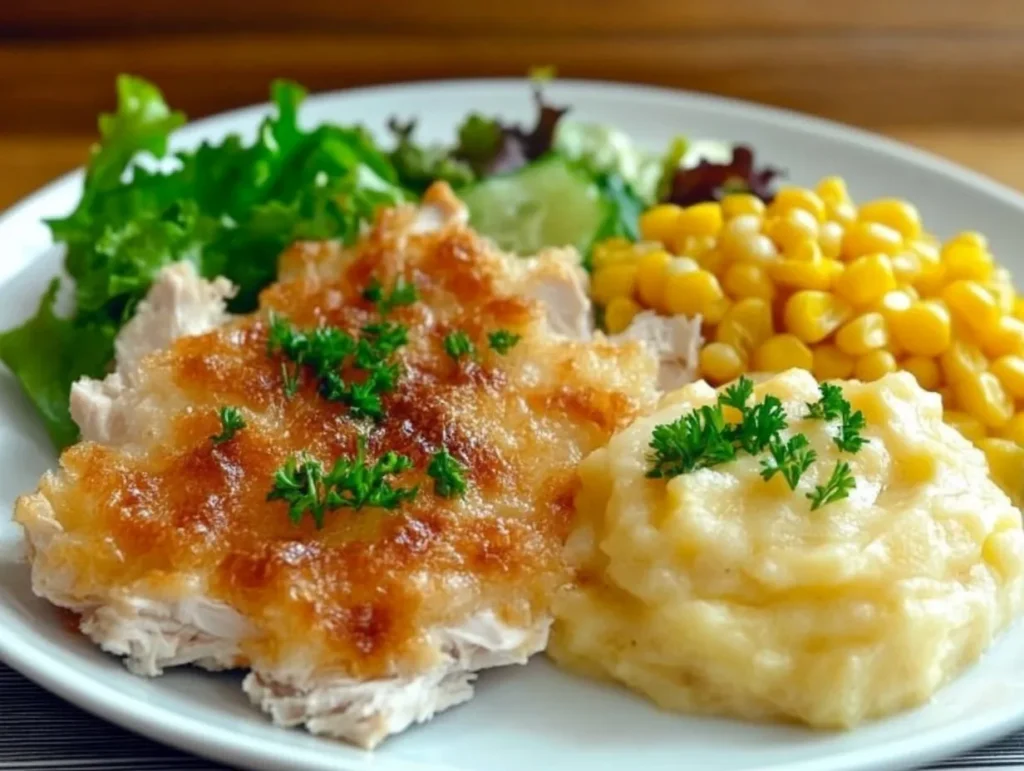 A plated serving of Chicken Dressing Casserole with creamy corn casserole and a fresh green salad on the side.