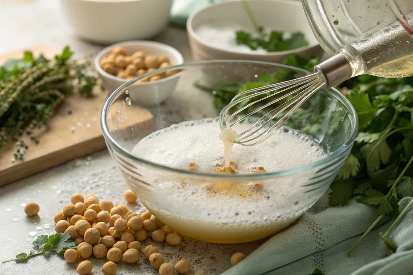 Whisking chickpea liquid in a glass bowl surrounded by fresh herbs, dried chickpeas, and kitchen ingredients.