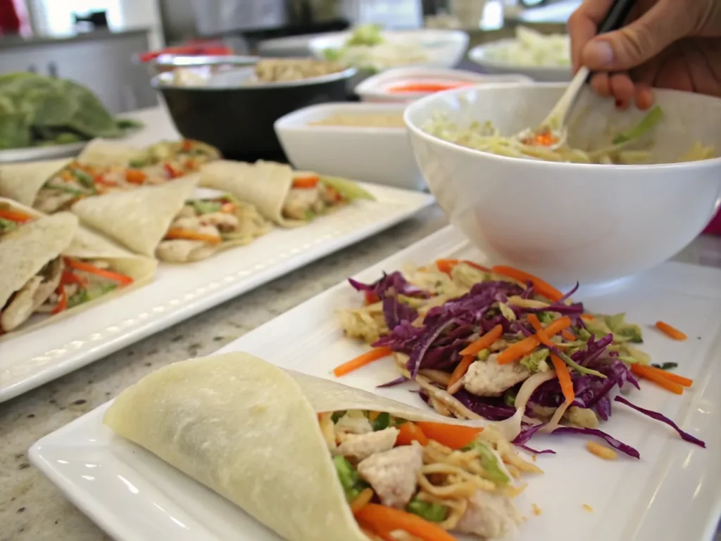 Egg roll wrappers filled with shredded cabbage, carrots, and chicken, prepared for baking.