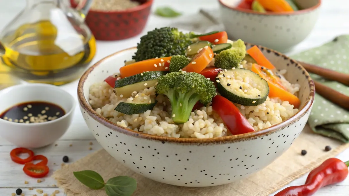 Bowl of brown rice with fresh vegetables like broccoli, carrots, and bell peppers, garnished with sesame seeds.