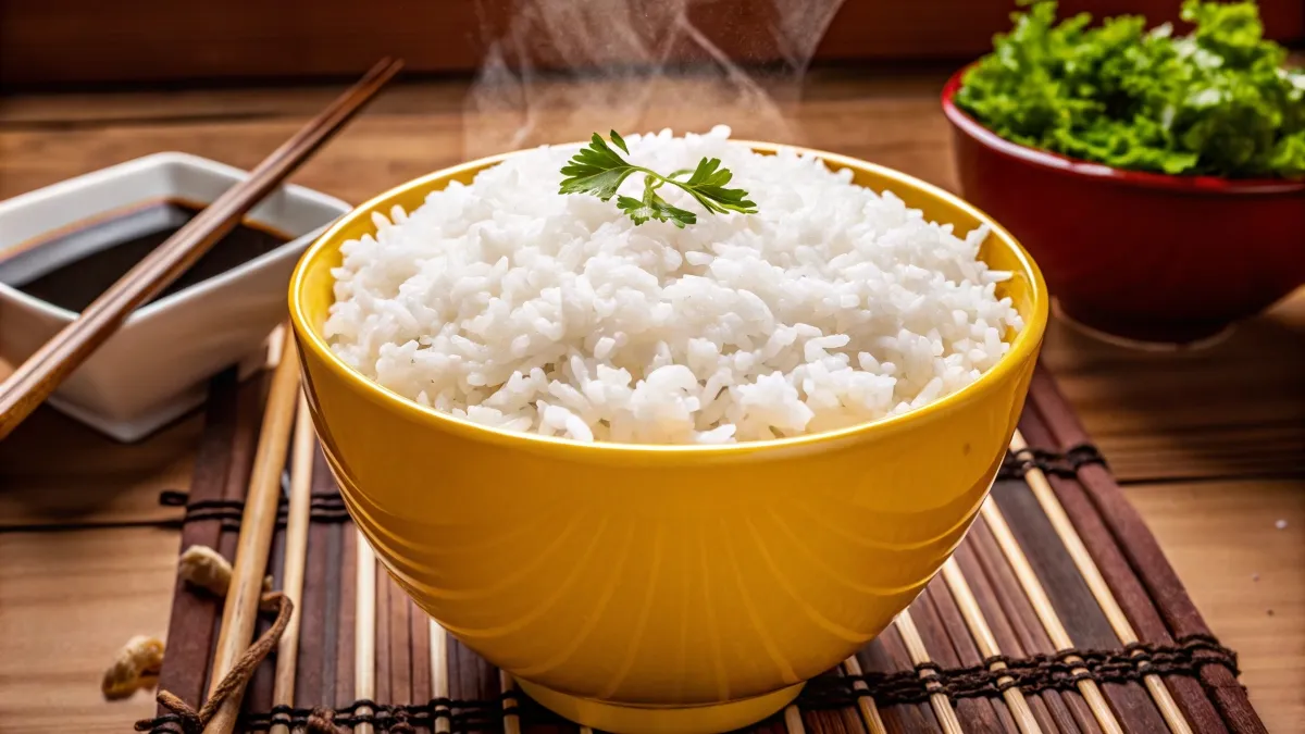 A bowl of steaming white rice garnished with herbs, surrounded by chopsticks and soy sauce.