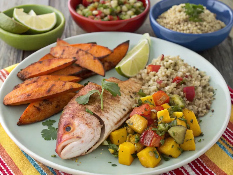 Baked red snapper served with quinoa salad, roasted sweet potatoes, and mango salsa.
From: https://www.recraft.ai/history?imageId=3c1f6b9d-26d1-4c5c-ab15-ae4bba164432