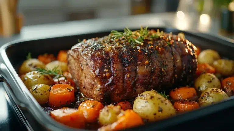 Deer meat crockpot recipe with roast, carrots, and potatoes