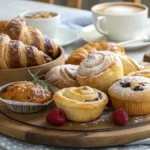 A wooden platter of freshly baked breakfast pastries, including croissants, muffins, and cinnamon rolls, served with fresh raspberries, blueberries, and coffee.